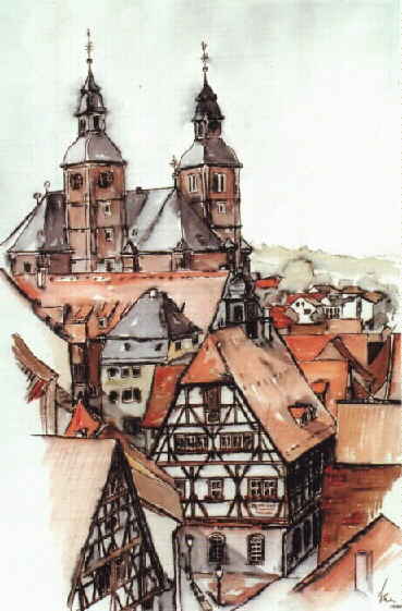 Aquarell von Manfred Ohle - Rathaus mit Hl. Blut Basilika
